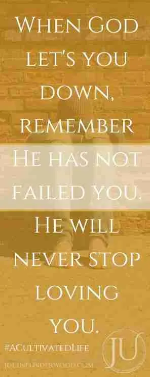 When God let's you down, remember He has not failed you. He will never stop loving you.